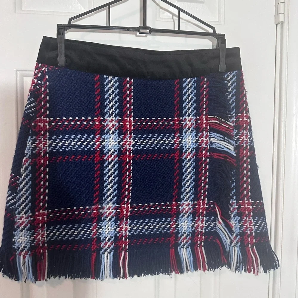 J.O.A. Fringed Mini Skirt in Navy Plaid